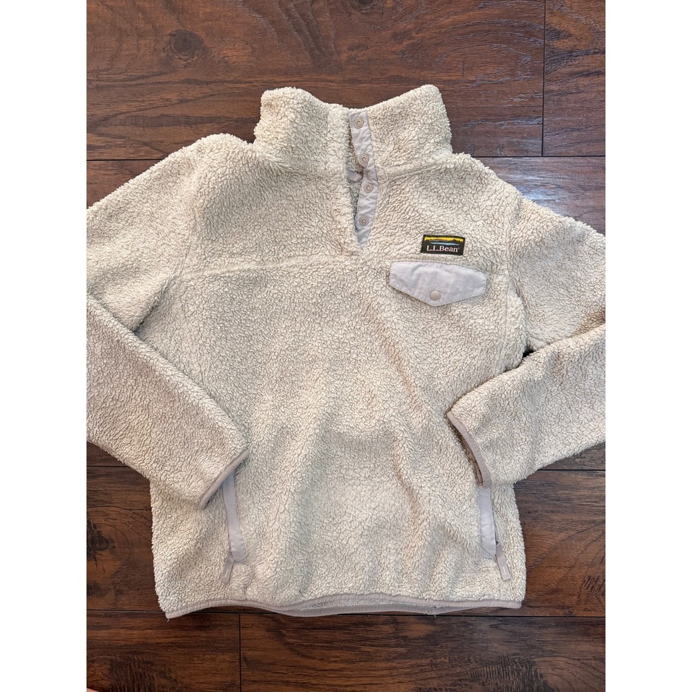 LL Bean Hi-Pile Fleece Pullover Cream Sherpa Snap Neck Jacket Small 507340